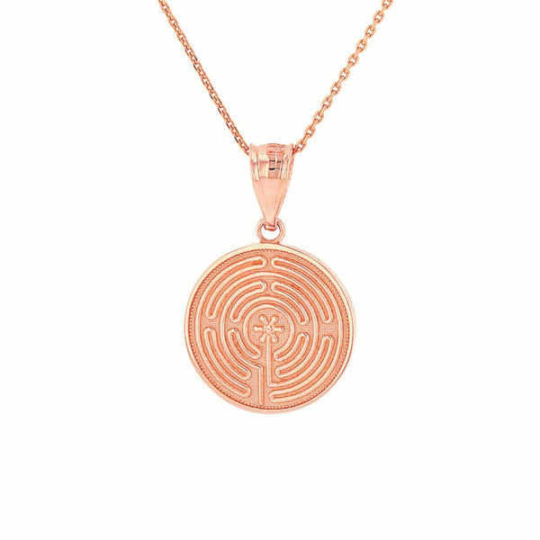 Solid 10k Rose Gold Maze Chartres Labyrinth Disc Medallion Pendant Necklace