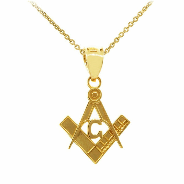 10K Solid Gold Freemason Masonic Square and Compass Small Pendant Necklace