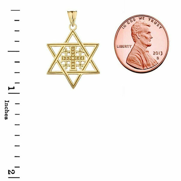 14k Solid Yellow Gold Jerusalem Cross In Star Of David Pendant Necklace