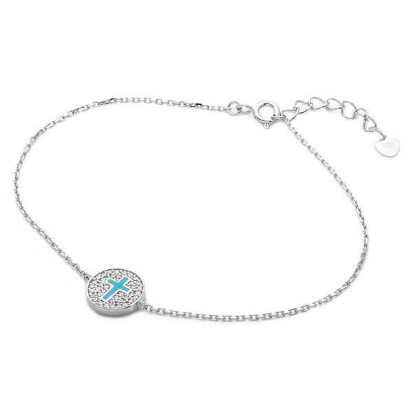 925 Sterling Silver CZ Encrusted Cross Disc Bracelet