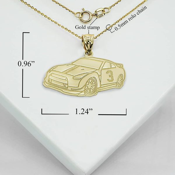 Personalize Name 10k 14k Solid Gold Reversible Race Car Pendant Necklace