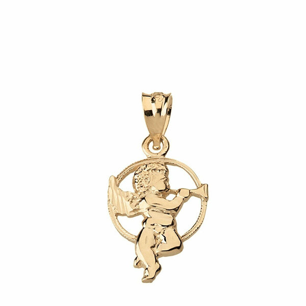 14k Solid Yellow Gold Diamond Cut Trumpet Cherub Angel Circle Pendant Necklace