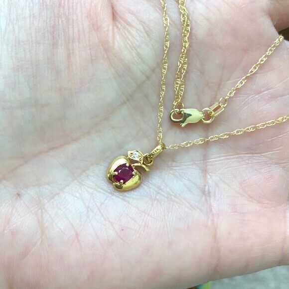 14K Solid Gold Mini Apple Ruby Pendant Dainty Necklace 16"-18" Minimalist