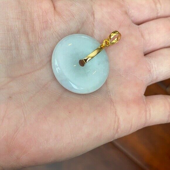 14K Solid Fine Real Yellow Gold Round Donut Natural Jadeite Icy Jade Pendant