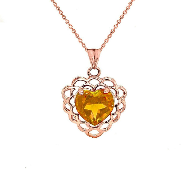 10k 14k Solid Gold Citrine Filigree Heart November Birthstone Pendant Necklace