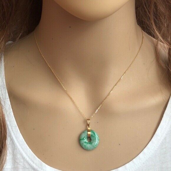 14K Solid Gold Donut Round Natural Jade Pendant /Charm Dainty Adjust Necklace