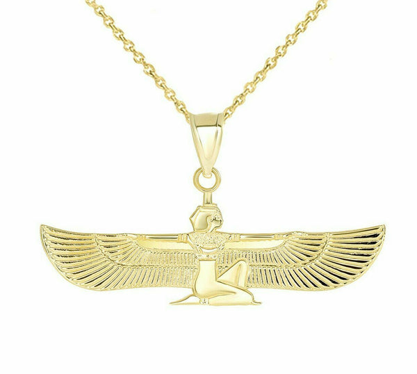 10K Solid Gold Egyptian ISIS Goddess of Life and Magic Winged Pendant Necklace