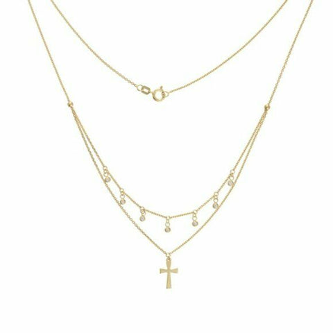 14K Solid Yellow Gold Diamond Layer Double Strand Dangle Drop Cross Necklace