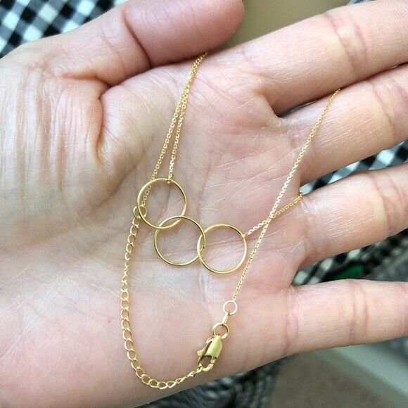 14K Solid Yellow Gold Triple Circle Link Station Necklace - Adjustable 16"-18"