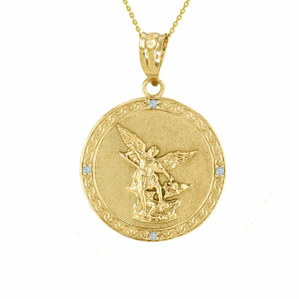 14k Gold St. Saint Michael Double Side Archangel Prayer Diamond Pendant Necklace