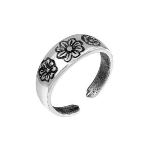 Real 925 Sterling Silver Multi Flower Adjustable Toe Ring / Finger Ring Oxidized