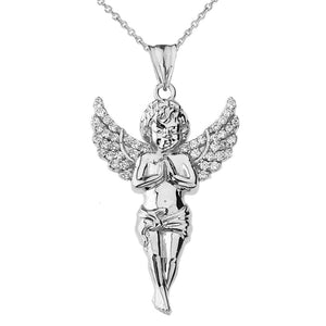 10k Solid White Gold Angel CZ Religious Pendant Necklace