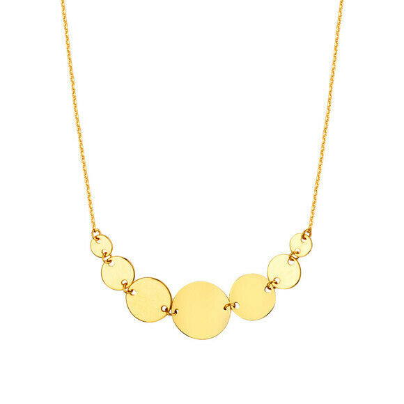 14K Solid Yellow Gold Graduated Disc Disk Necklace Adjustable 16" - 18"