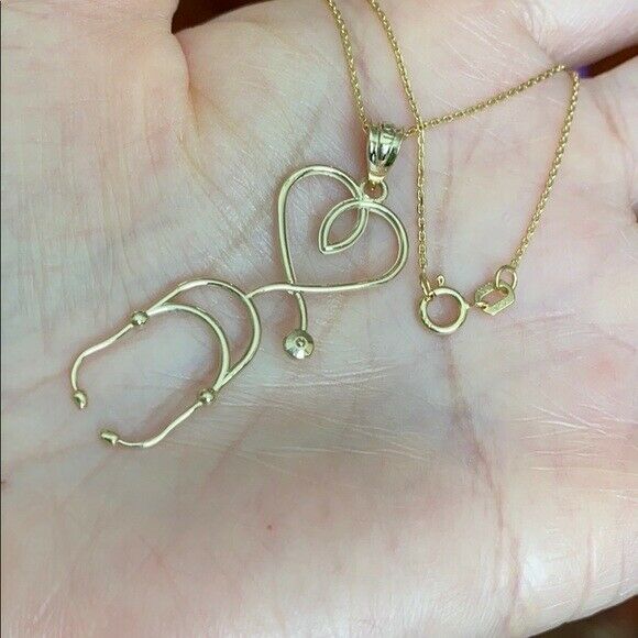 14k Solid White Gold Stethoscope Heart Pendant Necklace 16" 18" 20" 22"