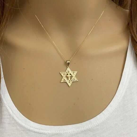 Solid 14k Rose Gold Jewish Star of David Cross Pendant Necklace Medium 1.25"