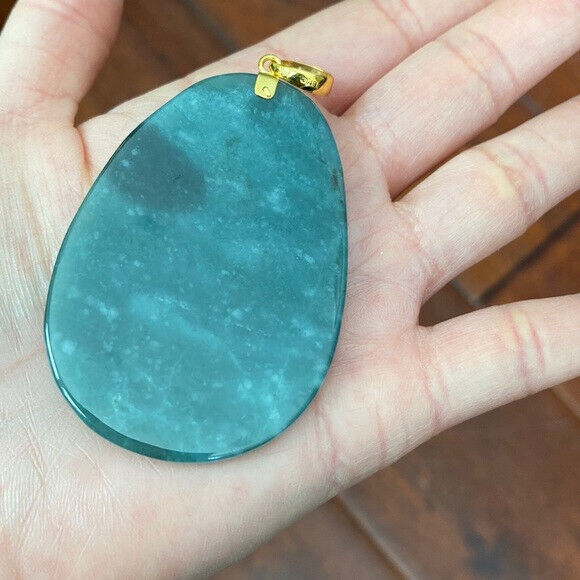 14K Solid Real Gold Carved Dragon Natural Jade Pendant Oval Large Men