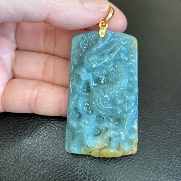 14K Solid Yellow Gold Carved Dragon Natural Jade Pendant Rectangle Men