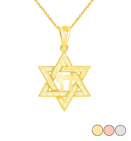 10k Solid Gold Diamond Cut Jewish Star of David with Chai Pendant Necklace