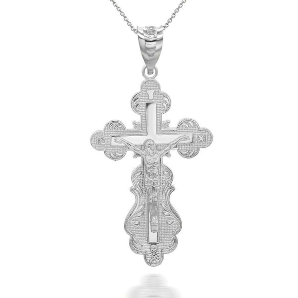14K Solid Gold Orthodox Crucifix Pendant Necklace - Yellow, Rose, or White Gold