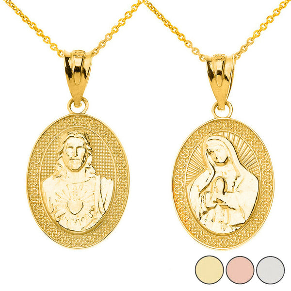 14K Solid Gold Reversible Virgin Mary and Jesus Christ Oval Pendant Necklace