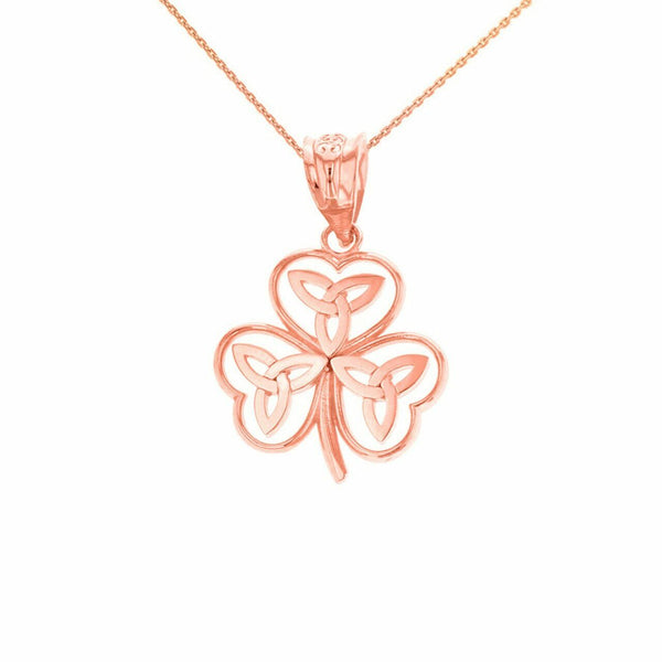10k Solid Rose Gold Celtic Trinity Knot Shamrock Pendant Necklace