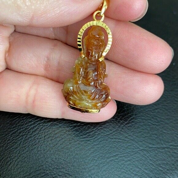 14K Solid Fine Real Yellow Gold Kwan yin Quan Buddha Red Jade Pendant Female