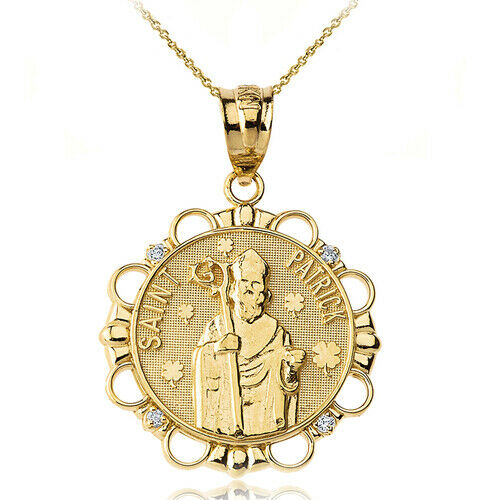 10k Solid Gold Diamond Saint Patrick Circle Pendant Necklace