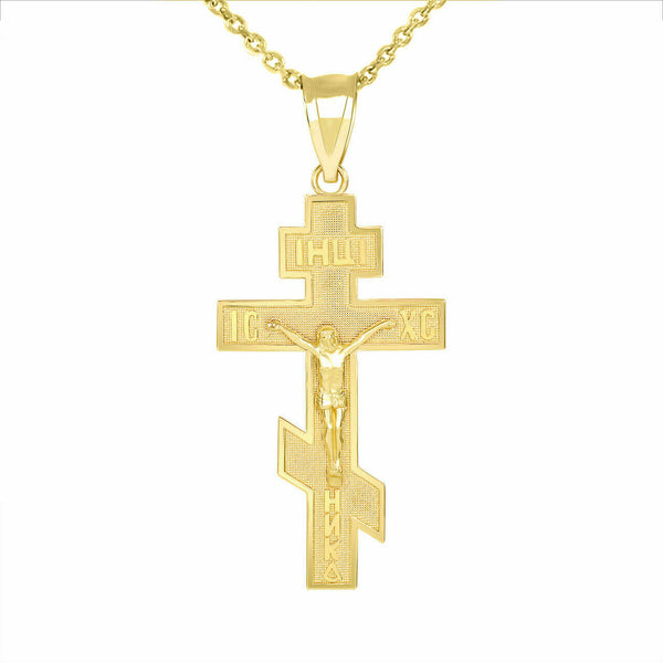 Solid 14k Gold Jesus Christ Russian Orthodox Crucifix Cross Pendant Necklace