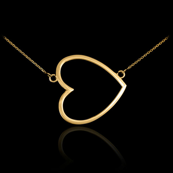 14K Solid Yellow Gold Dainty Sideways Open Heart Necklace Valentine's Day Love