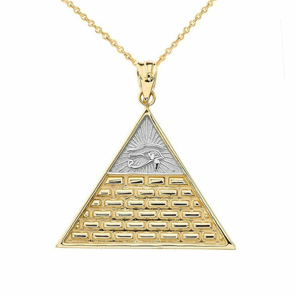 10k Solid Gold Eye Of Horus Pyramid Pendant Necklace In Two Tone Yellow/ White