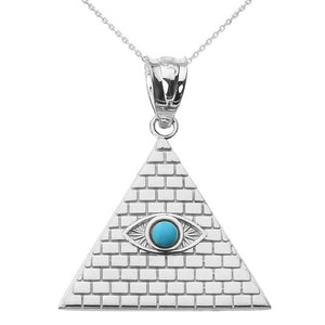925 Sterling Silver Egyptian Pyramid with Turquoise Evil Eye Pendant Necklace