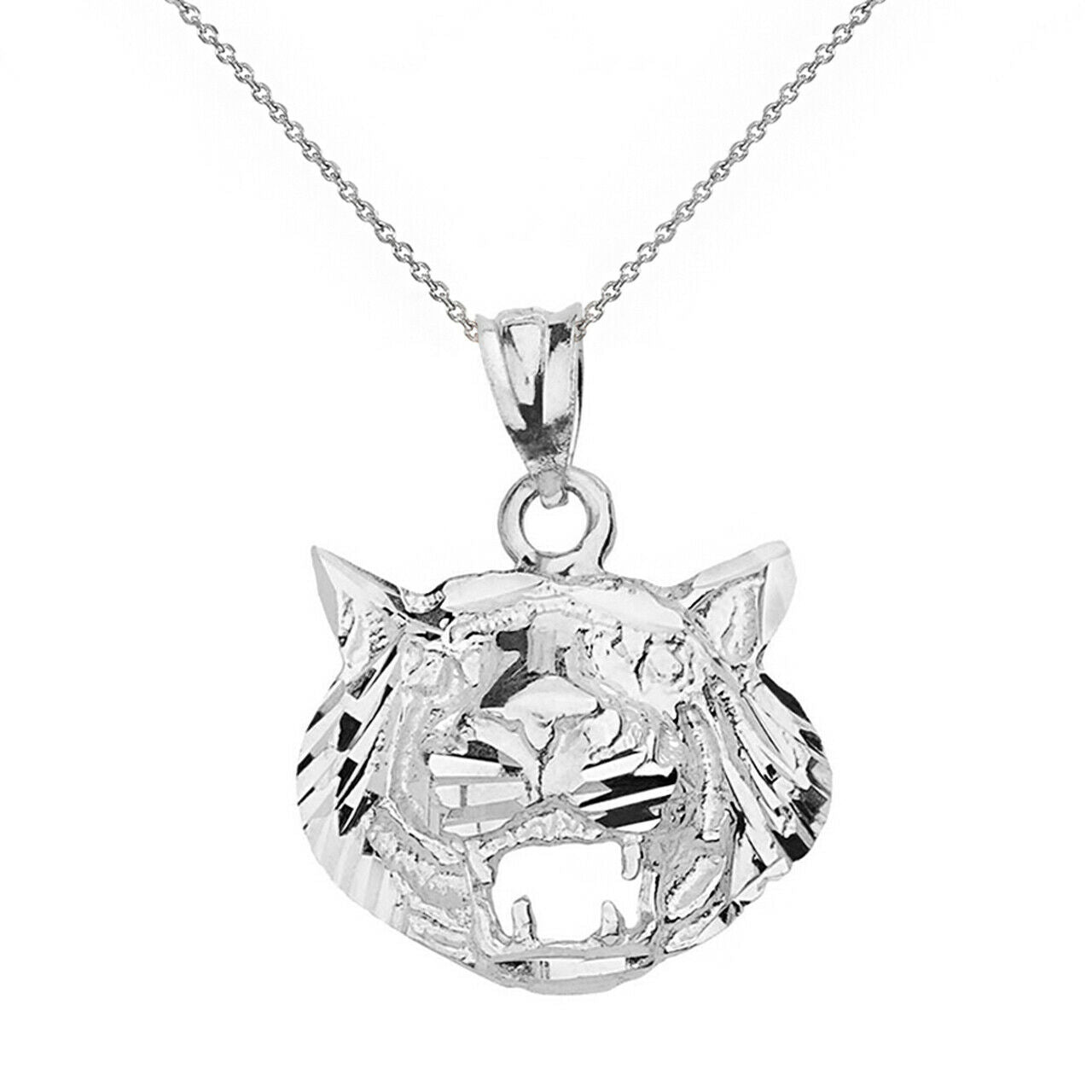 925 Sterling Silver Diamond Cut Roaring Tiger Head Charm Pendant Necklace