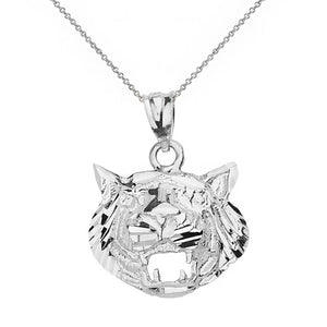 925 Sterling Silver Diamond Cut Roaring Tiger Head Charm Pendant Necklace