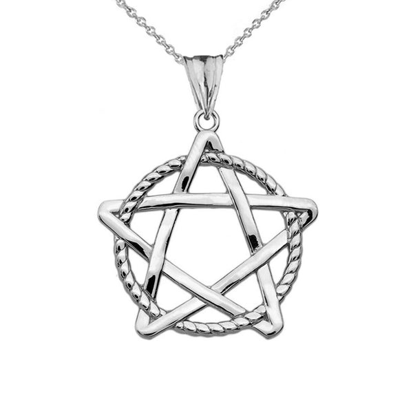 10k White Gold Pentagram Friendship Intertwined In Rope Pendant Necklace