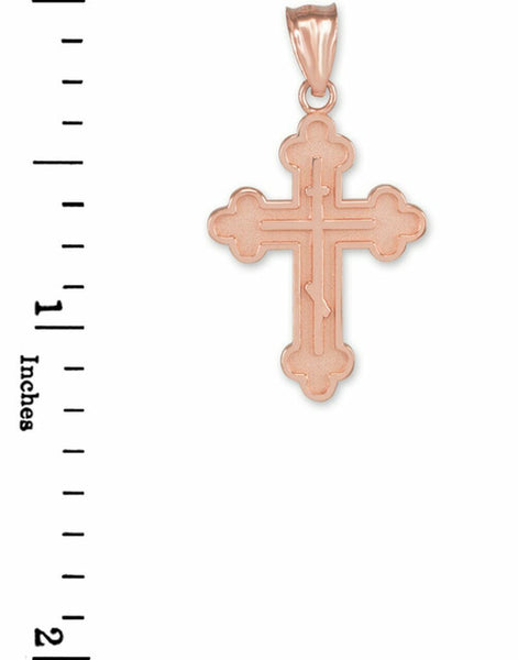 10k Solid Rose Gold Eastern Orthodox Christian Cross Charm Pendant Necklace