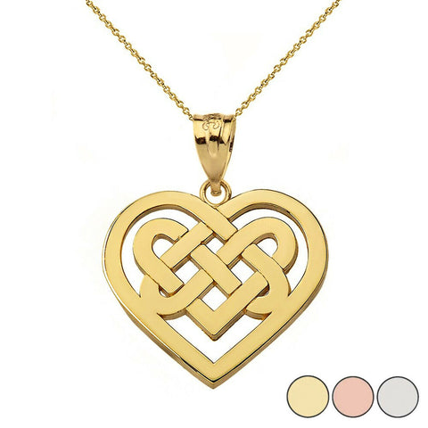 14K Solid Gold Religious Heart Celtic Knot Woven Pendant Necklace