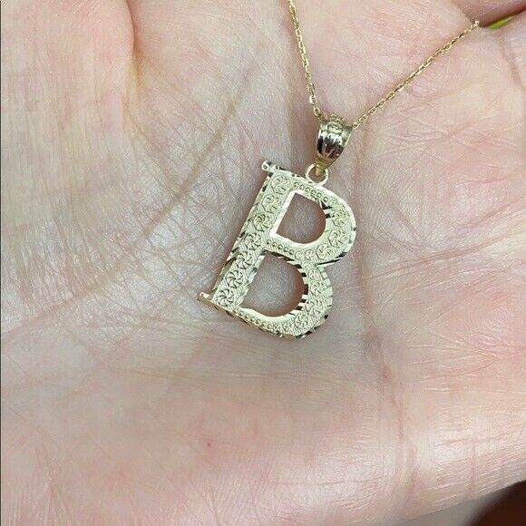 10k Solid Real Yellow Gold Initial Letter B Pendant Necklace - Diamond Cut