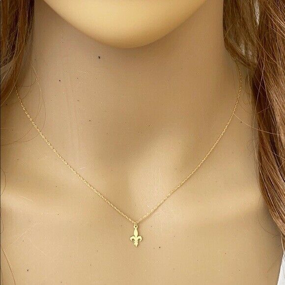 14K Solid Real Yellow Gold Mini Small Fleur De Lis Dainty Necklace - 16"-18"
