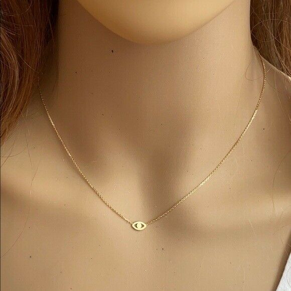 14K Solid Yellow Gold Mini Evil Eye Necklace - Minimalist 16"-18" adjust
