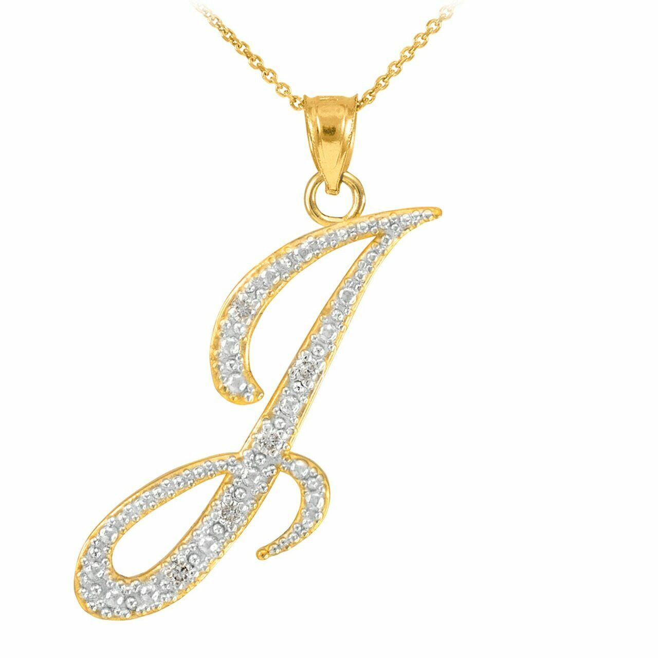 14k Solid Yellow Gold Diamonds Initial Script Letter J Pendant Necklace