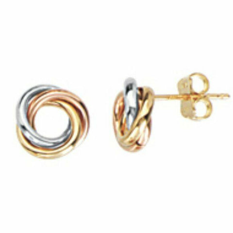 14k Solid Gold Loveknot Love-Knot Stud Earrings - Tri-color 9 Mm
