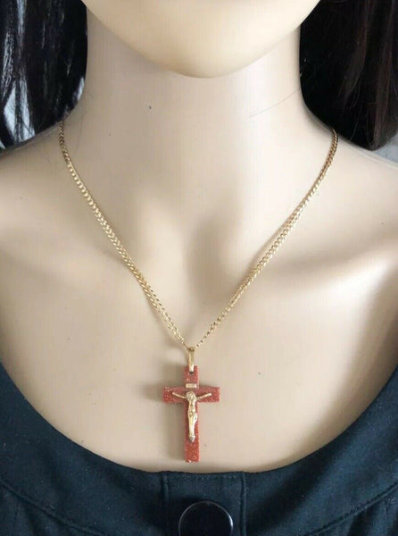14K Yellow Gold Jesus Crucifix Red Cross Religious Pendant - PP2