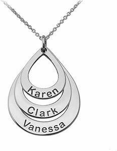 Personalized Engrave 3 Name Teardrop Silver Pendant Necklace