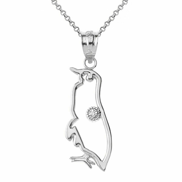 10k 14k Solid Gold Diamond Penguin Seabird Outline Openwork Pendant Necklace