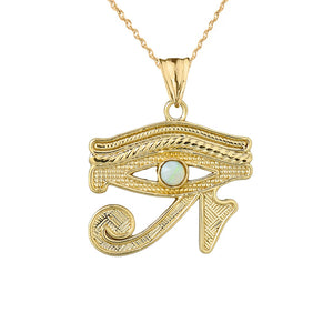 Solid Yellow Gold 14K Eye Of Horus (Ra) With Opal Center Stone Pendant Necklace