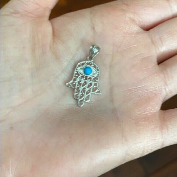 925 Sterling Silver Hamsa Hand With Turquoise Evil Eye Pendant Necklace