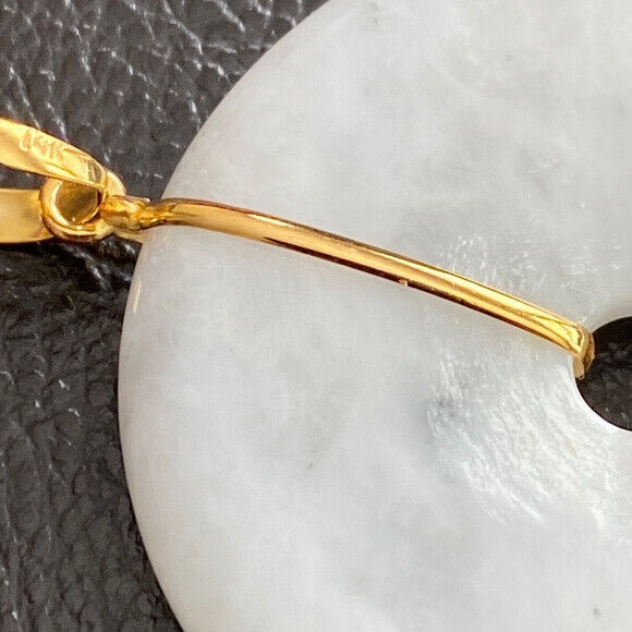 14K Solid Yellow Gold Round Large Donut Natural Jade Pendant Charm White