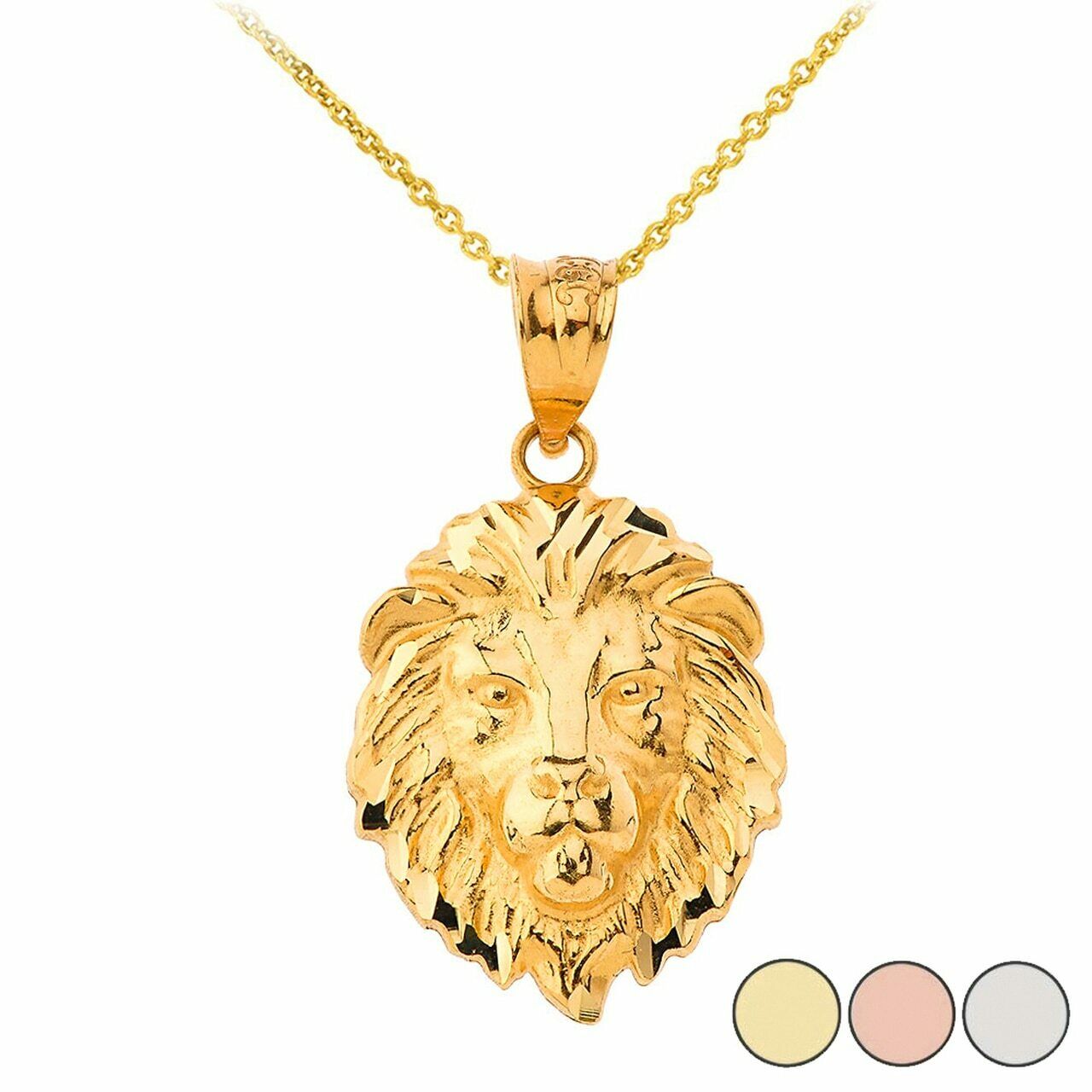 14k Solid Gold Lion's Face Head Animal Textured Detailed Small Pendant Necklace