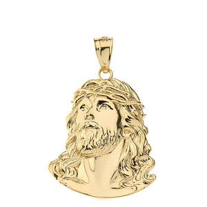 14k Yellow Gold Jesus Face Head With Crown Of Thorns Pendant Necklace (S, M, L)