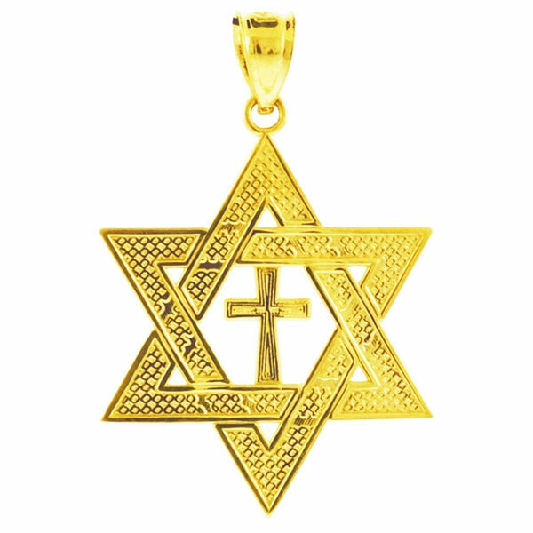 Solid 14k Yellow Gold Jewish Star of David Cross Pendant Necklace Medium 1.25"